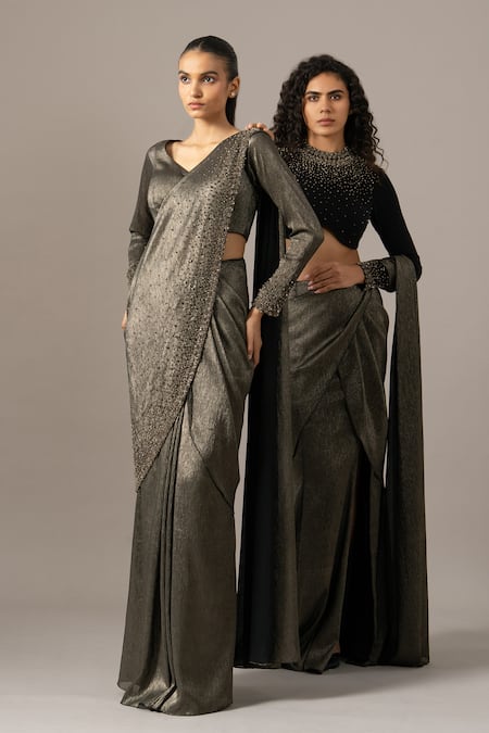 Namrata Joshipura_Black Chiffon, Shantoon Beads, Crusted Gold Pre-draped Saree With Blouse _at_Aza_Fashions