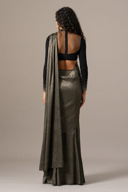 Shop_Namrata Joshipura_Black Chiffon Beads Round Neck Shimmer Pre-draped Saree With Blouse _at_Aza_Fashions