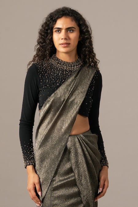 Namrata Joshipura_Black Chiffon Beads Round Neck Shimmer Pre-draped Saree With Blouse _Online_at_Aza_Fashions