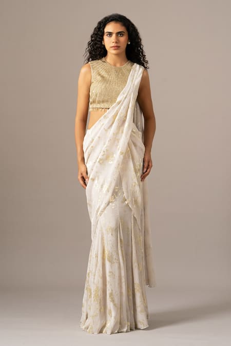 Namrata Joshipura Ivory Chiffon Round Neck Chevron Dust Blouse With Mermaid Pre-draped Drape Saree 