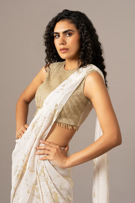 Namrata Joshipura Ivory Chiffon Round Neck Chevron Dust Blouse With Mermaid Pre-draped Drape Saree Online at Aza Fashions Namrata Joshipura_Ivory Chiffon Round Neck Chevron Dust Blouse With Mermaid Pre-draped Drape Saree _Online_at_Aza_Fashions