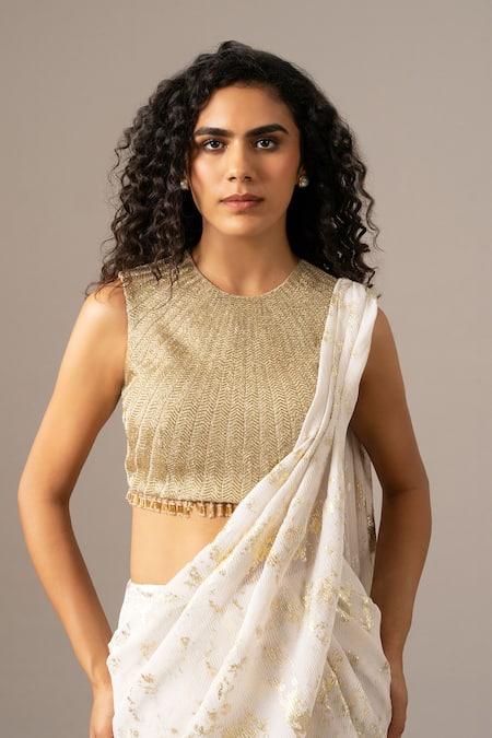 Buy Namrata Joshipura Ivory Chiffon Round Neck Chevron Dust Blouse With Mermaid Pre-draped Drape Saree Online at Aza Fashions Buy_Namrata Joshipura_Ivory Chiffon Round Neck Chevron Dust Blouse With Mermaid Pre-draped Drape Saree _Online_at_Aza_Fashions