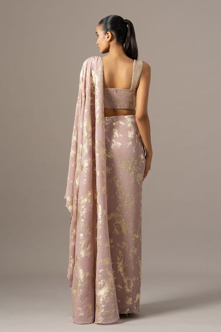 Shop_Namrata Joshipura_Blush Chiffon Beads Sweetheart Neck Pink Pre-draped Saree With Blouse _at_Aza_Fashions