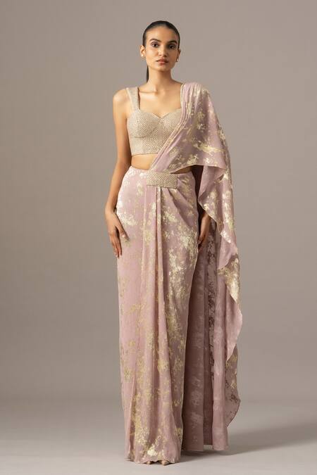 Namrata Joshipura_Blush Chiffon Beads Sweetheart Neck Pink Pre-draped Saree With Blouse _Online_at_Aza_Fashions