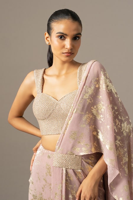 Buy_Namrata Joshipura_Blush Chiffon Beads Sweetheart Neck Pink Pre-draped Saree With Blouse _Online_at_Aza_Fashions