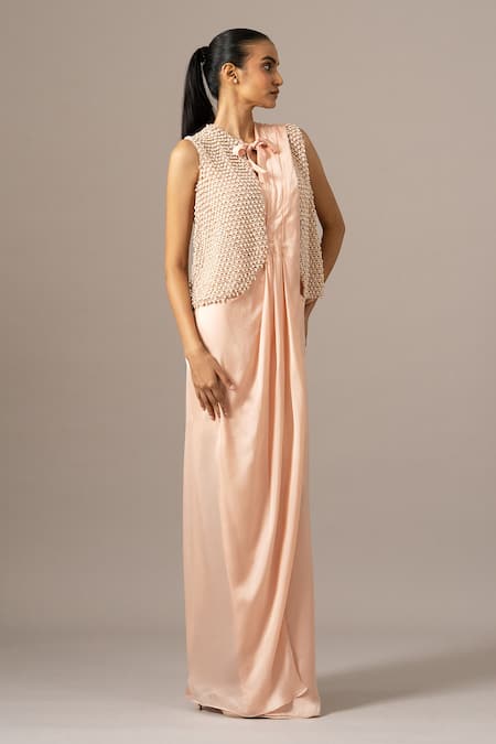 Namrata Joshipura Peach Beads Round Neck Pre-draped Saree With Blouse Online at Aza Fashions Namrata Joshipura_Peach Beads Round Neck Pre-draped Saree With Blouse _Online_at_Aza_Fashions