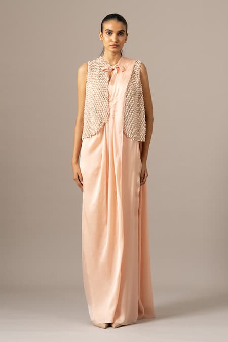 Buy Namrata Joshipura Peach Beads Round Neck Pre-draped Saree With Blouse Online at Aza Fashions Buy_Namrata Joshipura_Peach Beads Round Neck Pre-draped Saree With Blouse _Online_at_Aza_Fashions