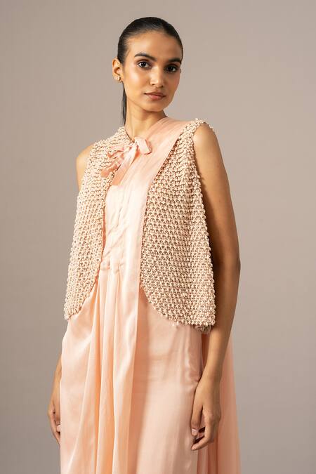 Shop Namrata Joshipura Peach Beads Round Neck Pre-draped Saree With Blouse Online at Aza Fashions Shop_Namrata Joshipura_Peach Beads Round Neck Pre-draped Saree With Blouse _Online_at_Aza_Fashions