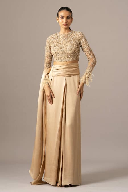 Namrata Joshipura Beige Georgette, Satin Feathers Round Rose Garden Pre-draped Saree With Blouse Online at Aza Fashions Namrata Joshipura_Beige Georgette, Satin Feathers Round Rose Garden Pre-draped Saree With Blouse _Online_at_Aza_Fashions