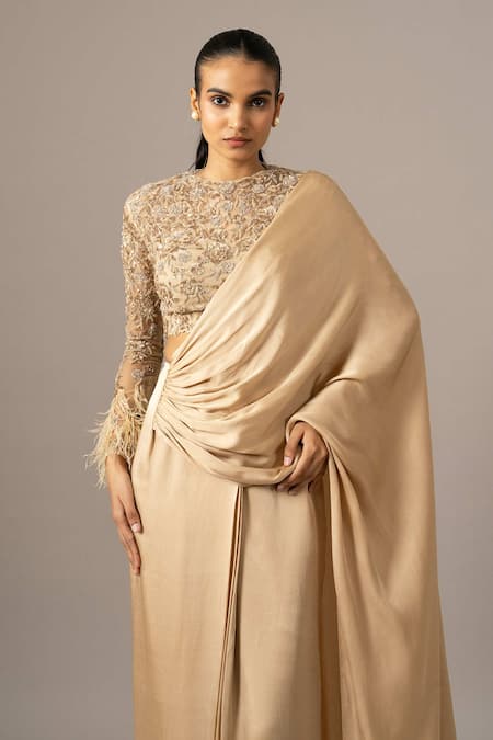Buy Namrata Joshipura Beige Georgette, Satin Feathers Round Rose Garden Pre-draped Saree With Blouse Online at Aza Fashions Buy_Namrata Joshipura_Beige Georgette, Satin Feathers Round Rose Garden Pre-draped Saree With Blouse _Online_at_Aza_Fashions