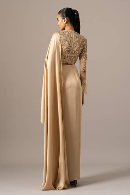 Shop Namrata Joshipura Beige Georgette, Satin Feathers Round Rose Garden Pre-draped Saree With Blouse at Aza Fashions Shop_Namrata Joshipura_Beige Georgette, Satin Feathers Round Rose Garden Pre-draped Saree With Blouse _at_Aza_Fashions