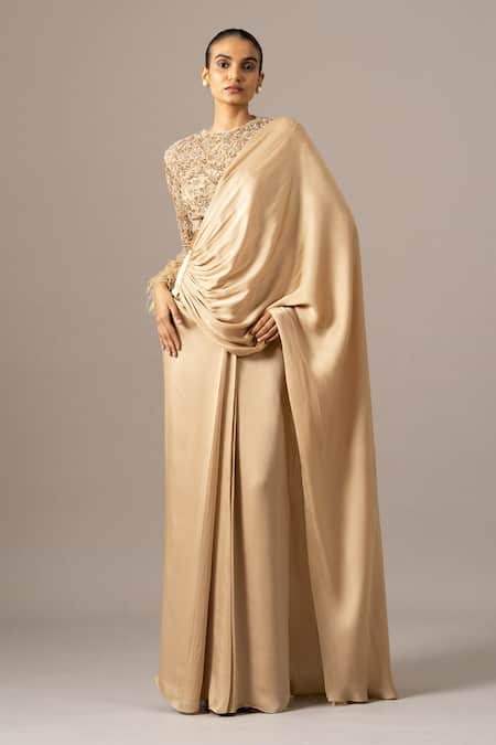 Namrata Joshipura Beige Georgette, Satin Feathers Round Rose Garden Pre-draped Saree With Blouse 