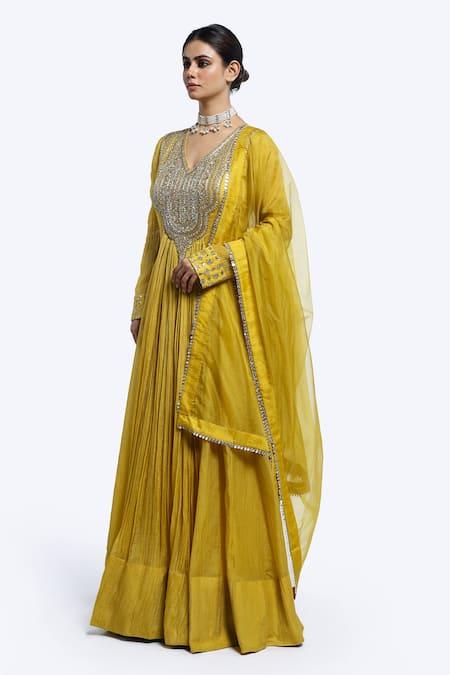 Onaya Mustard Organza Mirrors V-neck Embroidered Anarkali With Dupatta Online at Aza Fashions Onaya_Mustard Organza Mirrors V-neck Embroidered Anarkali With Dupatta _Online_at_Aza_Fashions
