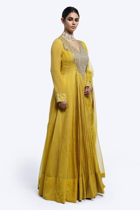 Buy Onaya Mustard Organza Mirrors V-neck Embroidered Anarkali With Dupatta Online at Aza Fashions Buy_Onaya_Mustard Organza Mirrors V-neck Embroidered Anarkali With Dupatta _Online_at_Aza_Fashions