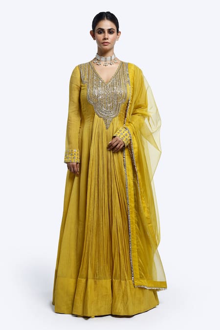 Onaya Mustard Organza Mirrors V-neck Embroidered Anarkali With Dupatta 