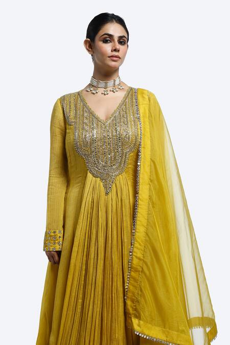 Shop Onaya Mustard Organza Mirrors V-neck Embroidered Anarkali With Dupatta Online at Aza Fashions Shop_Onaya_Mustard Organza Mirrors V-neck Embroidered Anarkali With Dupatta _Online_at_Aza_Fashions