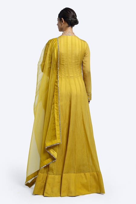 Shop Onaya Mustard Organza Mirrors V-neck Embroidered Anarkali With Dupatta at Aza Fashions Shop_Onaya_Mustard Organza Mirrors V-neck Embroidered Anarkali With Dupatta _at_Aza_Fashions