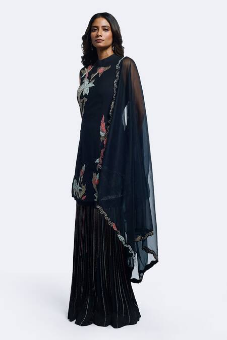 Onaya Black Georgette Embroidery, Cut Work Round Neck Straight Kurta Sharara Set Online at Aza Fashions Onaya_Black Georgette Embroidery, Cut Work Round Neck Straight Kurta Sharara Set _Online_at_Aza_Fashions