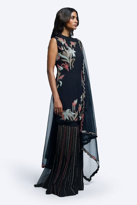 Shop Onaya Black Georgette Embroidery, Cut Work Round Neck Straight Kurta Sharara Set at Aza Fashions Shop_Onaya_Black Georgette Embroidery, Cut Work Round Neck Straight Kurta Sharara Set _at_Aza_Fashions