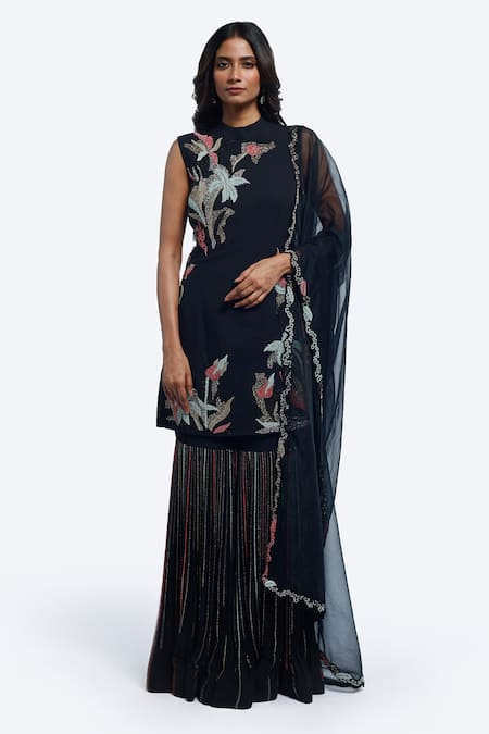Onaya Black Georgette Embroidery, Cut Work Round Neck Straight Kurta Sharara Set 