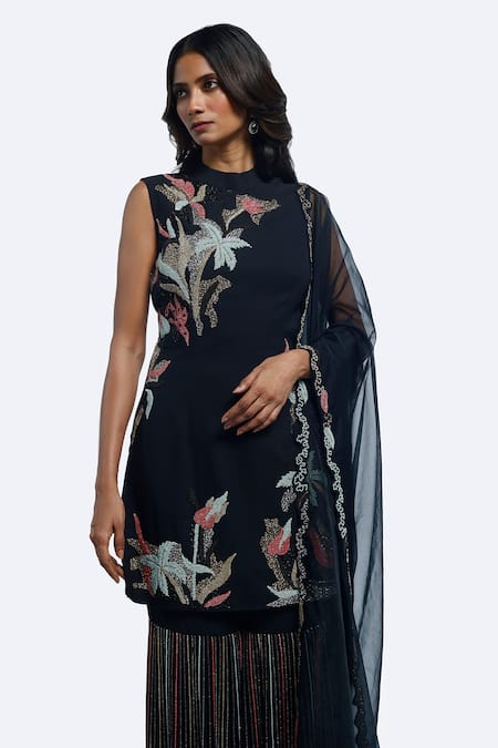 Buy Onaya Black Georgette Embroidery, Cut Work Round Neck Straight Kurta Sharara Set Online at Aza Fashions Buy_Onaya_Black Georgette Embroidery, Cut Work Round Neck Straight Kurta Sharara Set _Online_at_Aza_Fashions