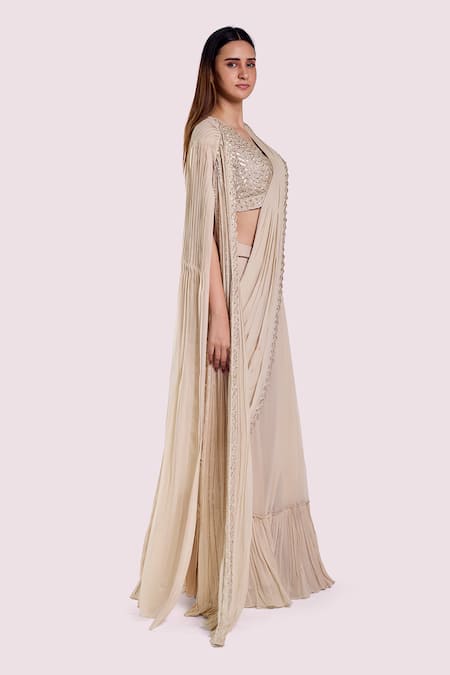 Onaya Off White Georgette Cut Work, Sequins Gathered Jacket And Pre-draped Saree Set Online at Aza Fashions Onaya_Off White Georgette Cut Work, Sequins Gathered Jacket And Pre-draped Saree Set _Online_at_Aza_Fashions