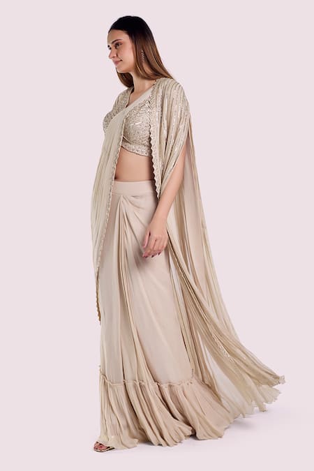 Buy Onaya Off White Georgette Cut Work, Sequins Gathered Jacket And Pre-draped Saree Set Online at Aza Fashions Buy_Onaya_Off White Georgette Cut Work, Sequins Gathered Jacket And Pre-draped Saree Set _Online_at_Aza_Fashions