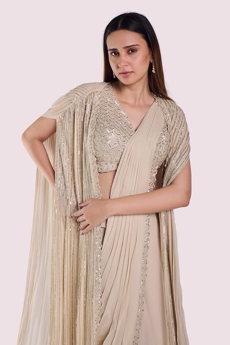 Shop Onaya Off White Georgette Cut Work, Sequins Gathered Jacket And Pre-draped Saree Set Online at Aza Fashions Shop_Onaya_Off White Georgette Cut Work, Sequins Gathered Jacket And Pre-draped Saree Set _Online_at_Aza_Fashions