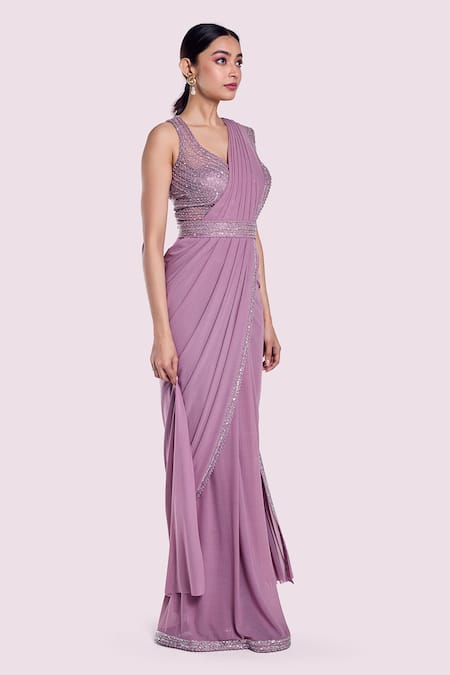 Onaya Lilac Lycra, Net Stones V-neck Pre-draped Saree And Embellished Blouse Set Online at Aza Fashions Onaya_Lilac Lycra, Net Stones V-neck Pre-draped Saree And Embellished Blouse Set _Online_at_Aza_Fashions