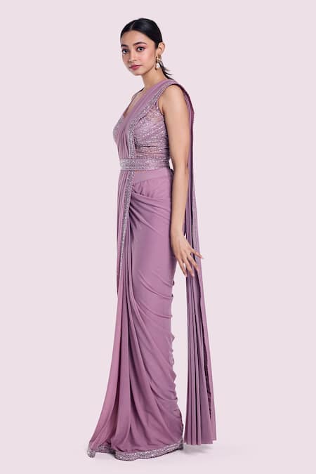 Buy Onaya Lilac Lycra, Net Stones V-neck Pre-draped Saree And Embellished Blouse Set Online at Aza Fashions Buy_Onaya_Lilac Lycra, Net Stones V-neck Pre-draped Saree And Embellished Blouse Set _Online_at_Aza_Fashions