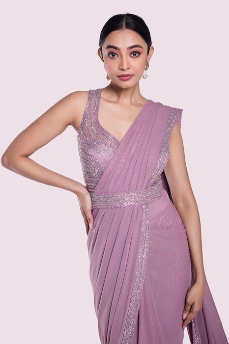 Shop Onaya Lilac Lycra, Net Stones V-neck Pre-draped Saree And Embellished Blouse Set Online at Aza Fashions Shop_Onaya_Lilac Lycra, Net Stones V-neck Pre-draped Saree And Embellished Blouse Set _Online_at_Aza_Fashions