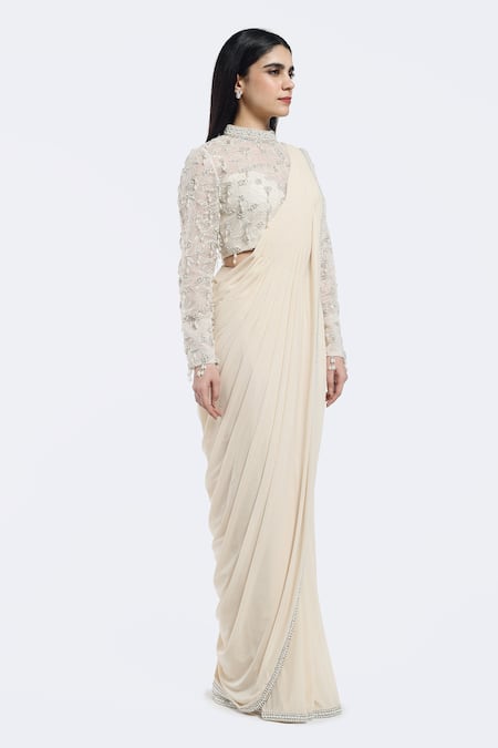 Onaya Off White Lycra Cut Work, Sequins, Pre-draped Saree And Embellished Blouse Set Online at Aza Fashions Onaya_Off White Lycra Cut Work, Sequins, Pre-draped Saree And Embellished Blouse Set _Online_at_Aza_Fashions