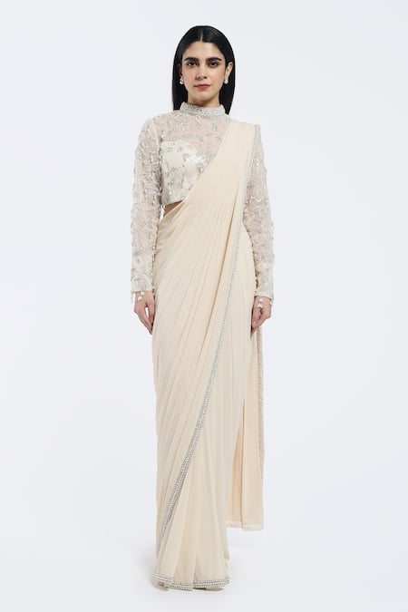 Onaya Off White Lycra Cut Work, Sequins, Pre-draped Saree And Embellished Blouse Set