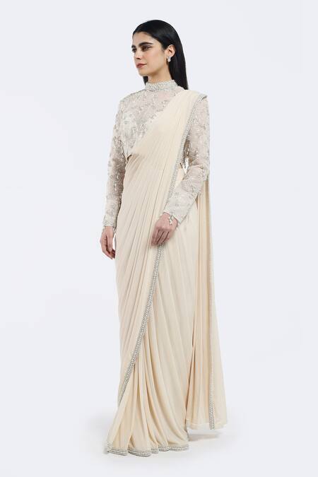 Buy Onaya Off White Lycra Cut Work, Sequins, Pre-draped Saree And Embellished Blouse Set Online at Aza Fashions Buy_Onaya_Off White Lycra Cut Work, Sequins, Pre-draped Saree And Embellished Blouse Set _Online_at_Aza_Fashions