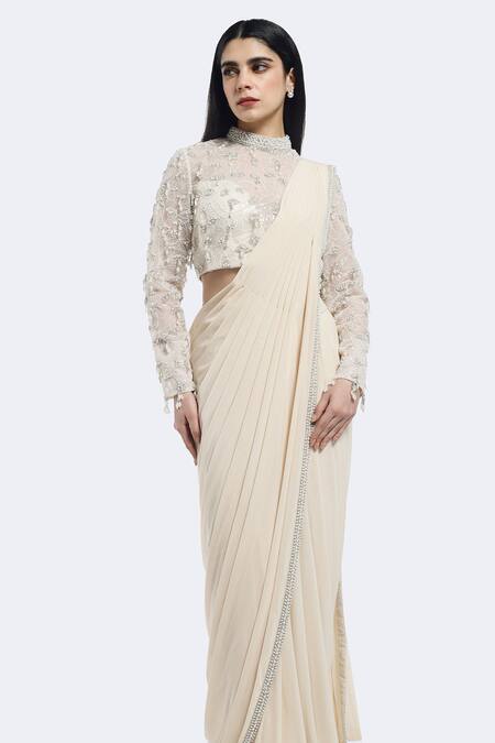 Shop Onaya Off White Lycra Cut Work, Sequins, Pre-draped Saree And Embellished Blouse Set Online at Aza Fashions Shop_Onaya_Off White Lycra Cut Work, Sequins, Pre-draped Saree And Embellished Blouse Set _Online_at_Aza_Fashions