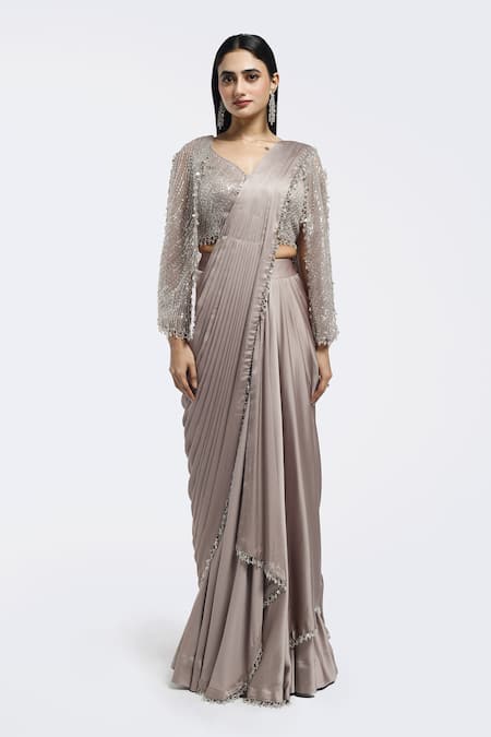 Onaya Beige Satin Sequins, Beads V-neck Pre-draped Saree And Embellished Blouse Set 