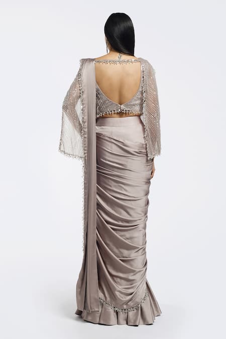 Shop Onaya Beige Satin Sequins, Beads V-neck Pre-draped Saree And Embellished Blouse Set at Aza Fashions Shop_Onaya_Beige Satin Sequins, Beads V-neck Pre-draped Saree And Embellished Blouse Set _at_Aza_Fashions