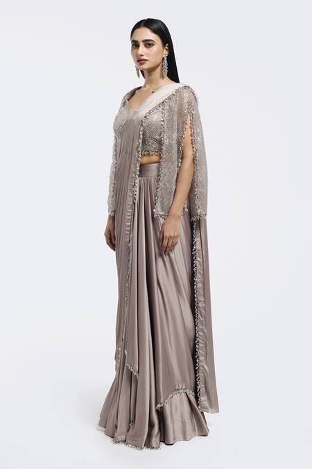 Buy Onaya Beige Satin Sequins, Beads V-neck Pre-draped Saree And Embellished Blouse Set Online at Aza Fashions Buy_Onaya_Beige Satin Sequins, Beads V-neck Pre-draped Saree And Embellished Blouse Set _Online_at_Aza_Fashions