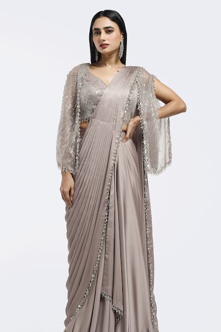 Shop Onaya Beige Satin Sequins, Beads V-neck Pre-draped Saree And Embellished Blouse Set Online at Aza Fashions Shop_Onaya_Beige Satin Sequins, Beads V-neck Pre-draped Saree And Embellished Blouse Set _Online_at_Aza_Fashions