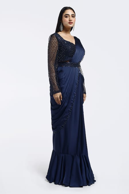 Onaya Navy Satin Sequins, Beads Square Neck Pre-draped Saree And Embellished Blouse Set Online at Aza Fashions Onaya_Navy Satin Sequins, Beads Square Neck Pre-draped Saree And Embellished Blouse Set _Online_at_Aza_Fashions