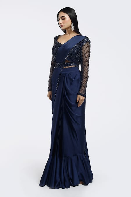 Buy Onaya Navy Satin Sequins, Beads Square Neck Pre-draped Saree And Embellished Blouse Set Online at Aza Fashions Buy_Onaya_Navy Satin Sequins, Beads Square Neck Pre-draped Saree And Embellished Blouse Set _Online_at_Aza_Fashions