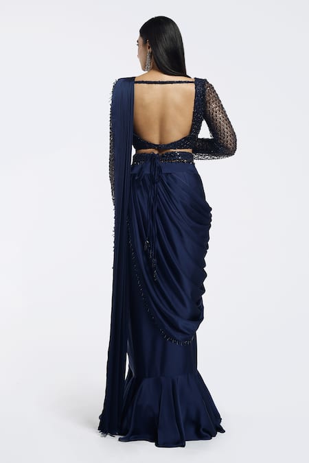 Shop Onaya Navy Satin Sequins, Beads Square Neck Pre-draped Saree And Embellished Blouse Set at Aza Fashions Shop_Onaya_Navy Satin Sequins, Beads Square Neck Pre-draped Saree And Embellished Blouse Set _at_Aza_Fashions