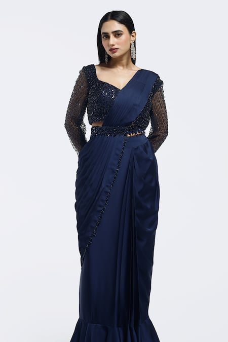 Shop Onaya Navy Satin Sequins, Beads Square Neck Pre-draped Saree And Embellished Blouse Set Online at Aza Fashions Shop_Onaya_Navy Satin Sequins, Beads Square Neck Pre-draped Saree And Embellished Blouse Set _Online_at_Aza_Fashions