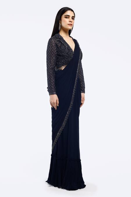 Onaya_Navy Georgette Sequins, Beads V-neck Pre-draped Saree And Embellished Jacket Set_Online_at_Aza_Fashions