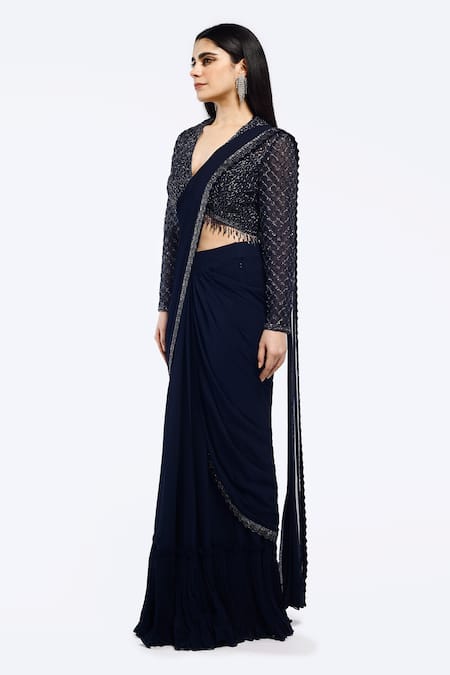 Buy_Onaya_Navy Georgette Sequins, Beads V-neck Pre-draped Saree And Embellished Jacket Set_Online_at_Aza_Fashions