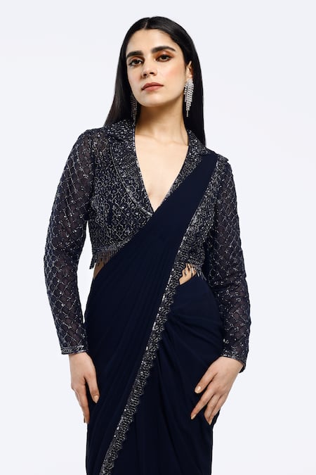 Shop_Onaya_Navy Georgette Sequins, Beads V-neck Pre-draped Saree And Embellished Jacket Set_Online_at_Aza_Fashions