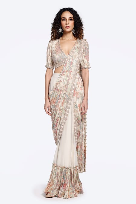 Onaya Off White Organza Pearls, Sequins, Cut Pre-draped Saree And Embellished Blouse Set