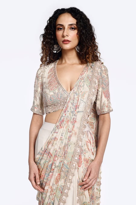 Onaya_Off White Organza Pearls, Sequins, Cut Pre-draped Saree And Embellished Blouse Set _Online_at_Aza_Fashions