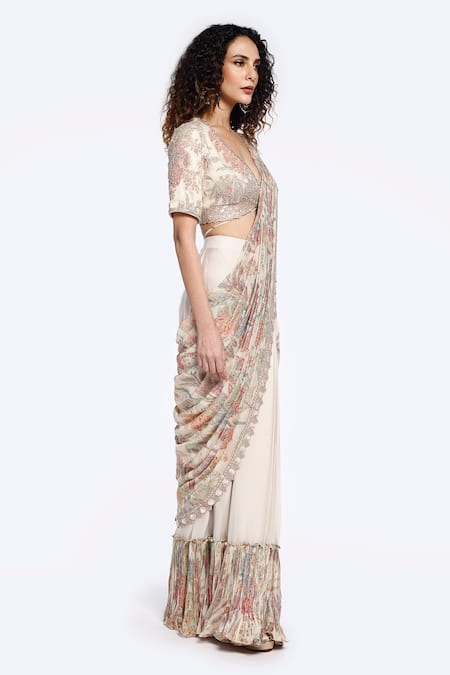 Buy_Onaya_Off White Organza Pearls, Sequins, Cut Pre-draped Saree And Embellished Blouse Set _Online_at_Aza_Fashions