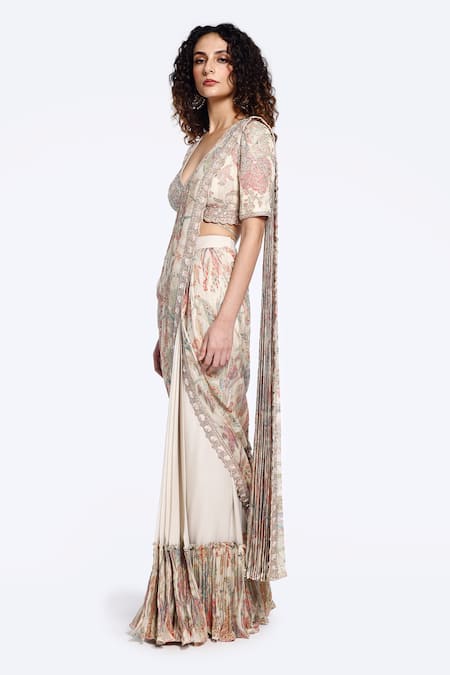 Shop_Onaya_Off White Organza Pearls, Sequins, Cut Pre-draped Saree And Embellished Blouse Set _Online_at_Aza_Fashions